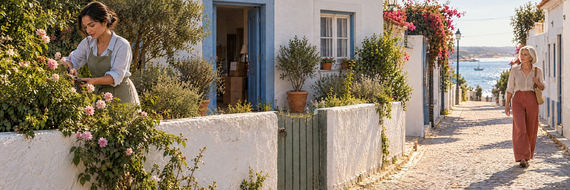 Emma prunes the roses behind her whitewashed garden wall while Jane, her neighbour, walks up the cobbled lane from the sea.